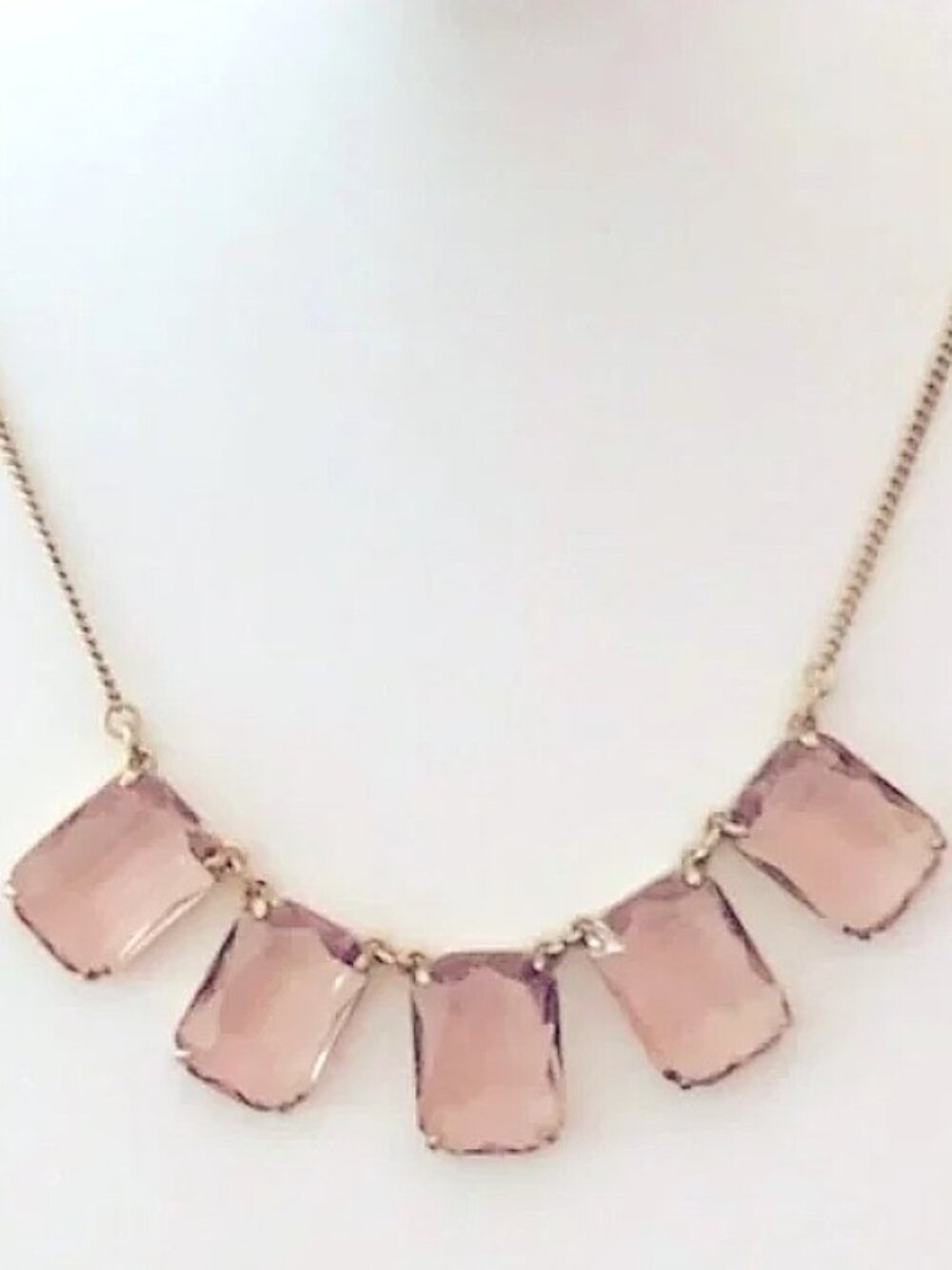 J Crew faceted pink glass stone necklace with gold plated brass chain